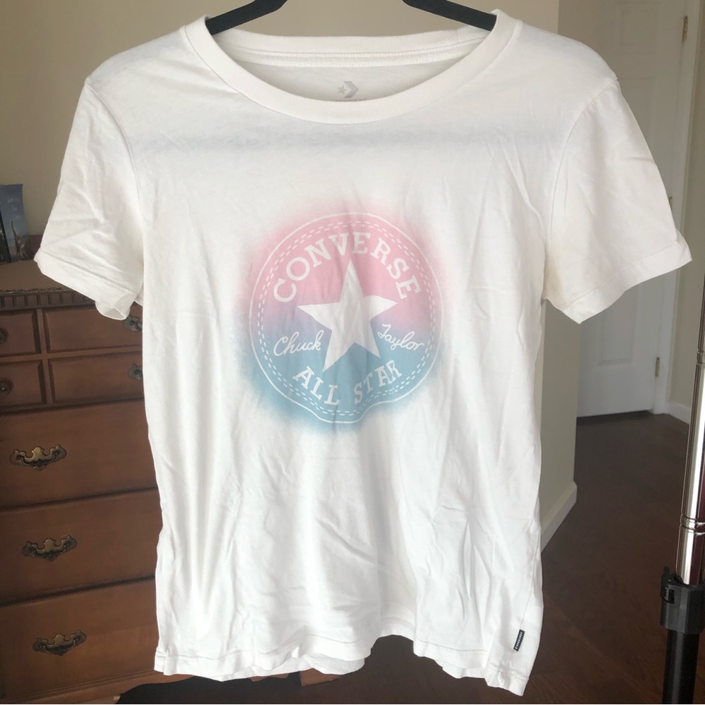 pink and blue converse logo white graphic tee
